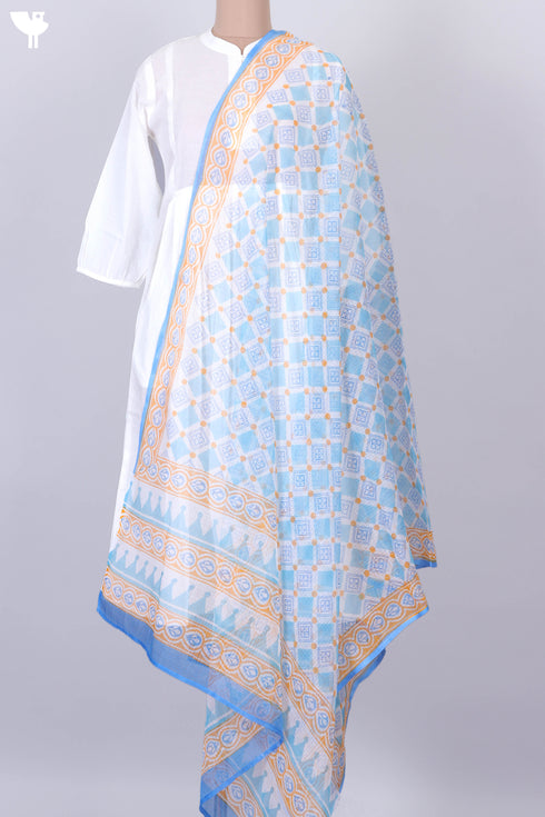 Kota Doria Dupatta In Geometric Block Print